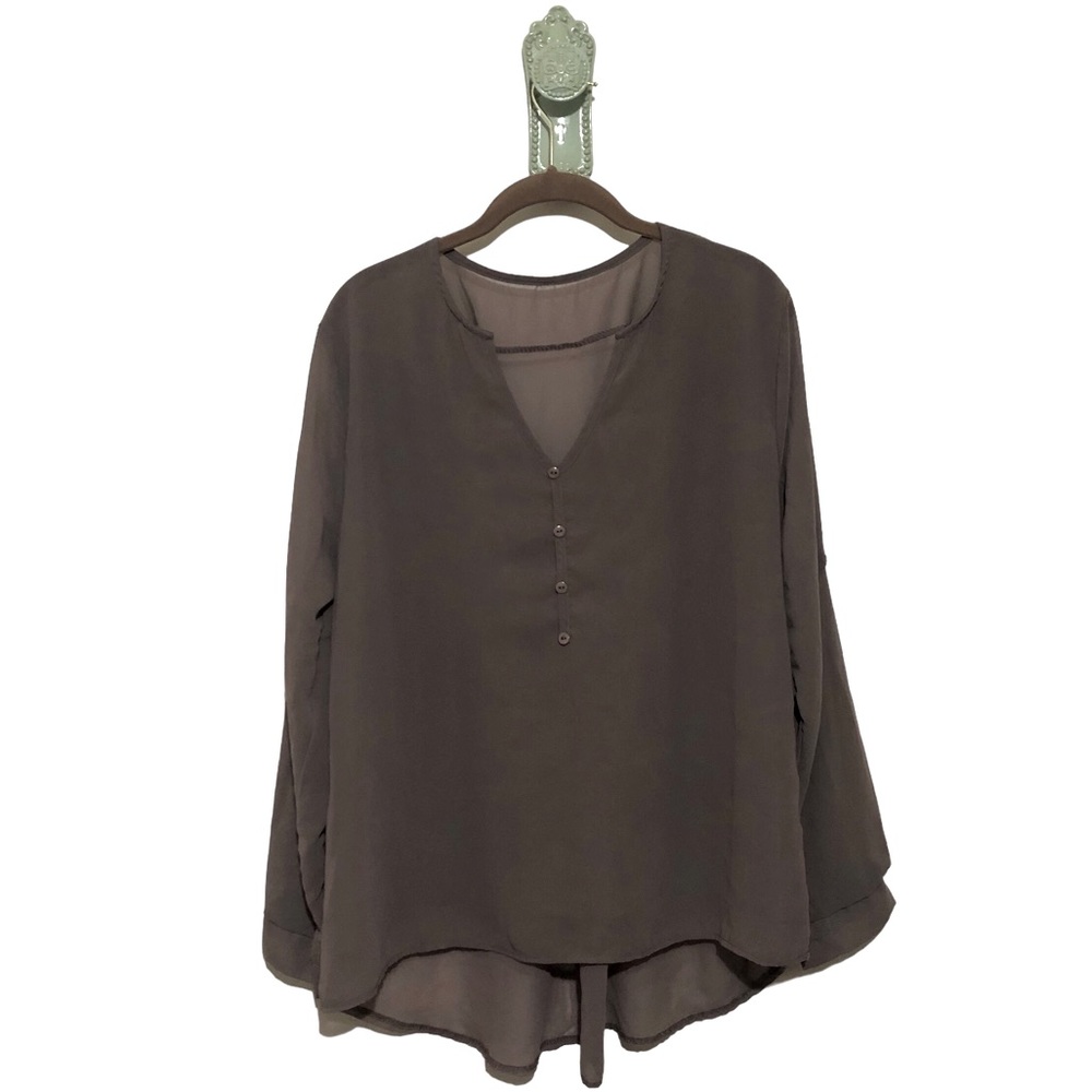 Sheer Flowy Blouse Taupe Mocha Gauzy Lagenlook Roll Tab Convertible Sleeve Brown